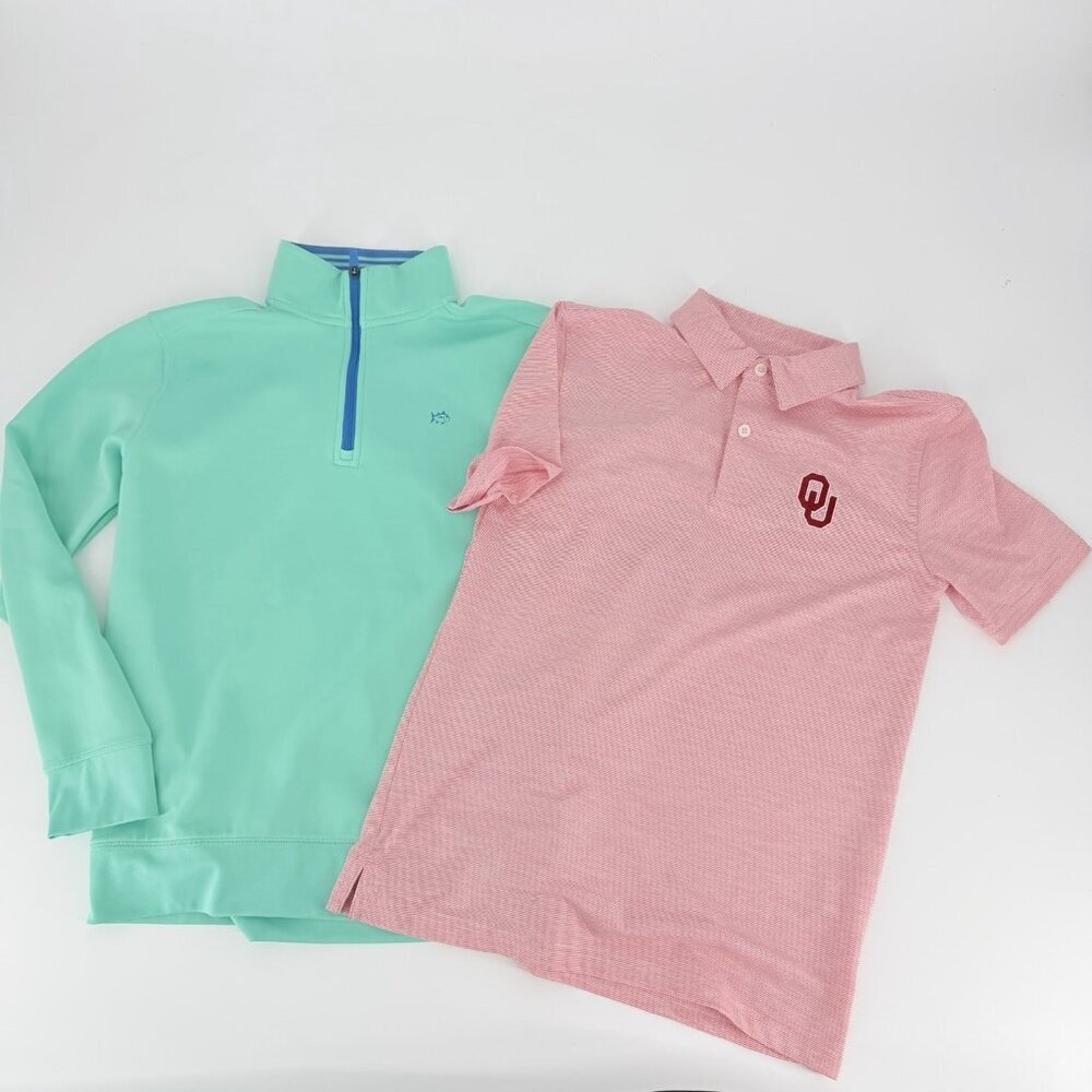 Bundle of 2 Southern Tide Performance Shirts Boys L 12-14 OU Univ of Oklahoma